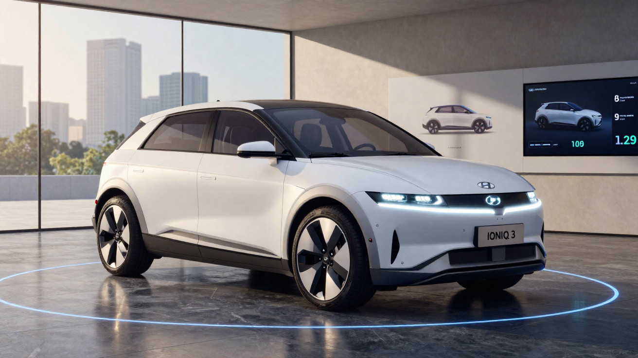 Carro elétrico branco Hyundai Ioniq 3 em exposição moderna com janelas amplas e painel digital ao fundo.