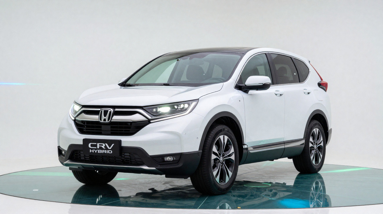 Carro branco Honda CR-V Hybrid em estúdio com fundo neutro e chão refletivo.