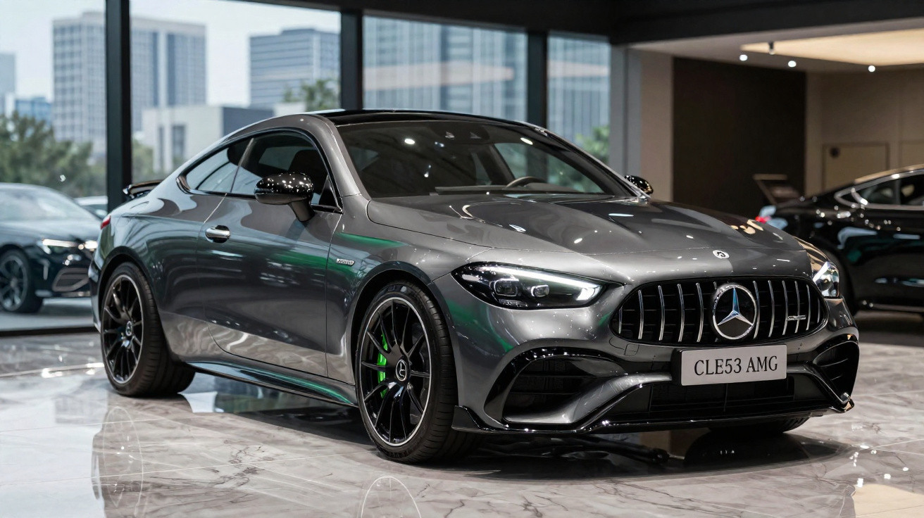 Carro esportivo Mercedes-Benz AMG cinza metálico estacionado em showroom com piso de mármore.