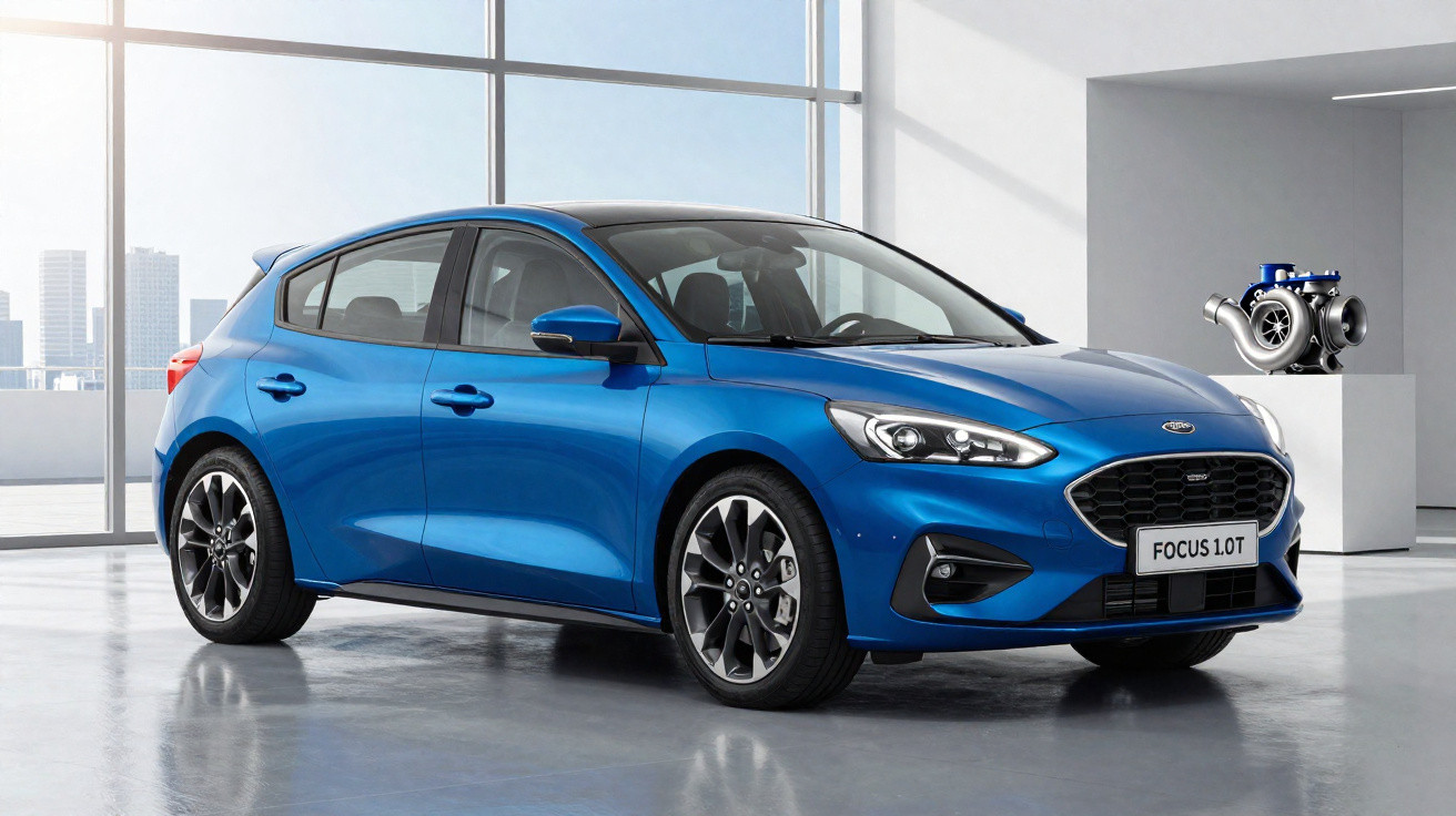 Carro Ford Focus 1.0 Turbo azul em ambiente interno moderno e bem iluminado pela luz natural.