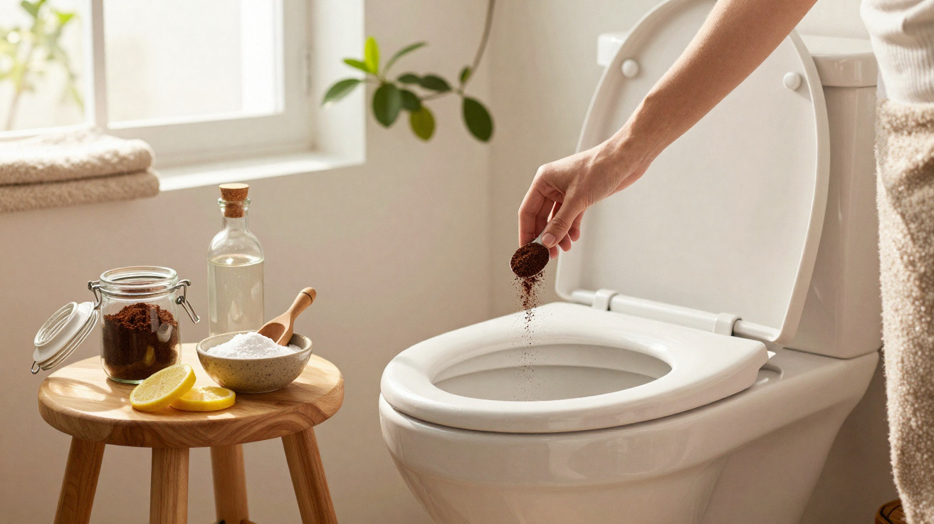 Pessoa despejando pó de café no vaso sanitário com ingredientes naturais sobre banco ao lado.