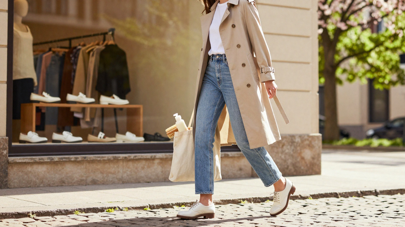 Mulher caminhando na calçada com sobretudo bege, calça jeans e sapatos brancos, carregando bolsa de tecido.