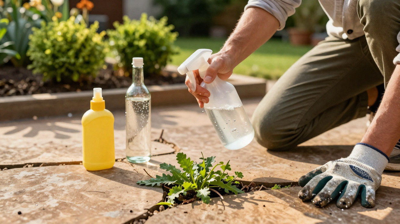 Pessoa borrifando água em planta que cresce entre pedras com luvas de jardinagem.