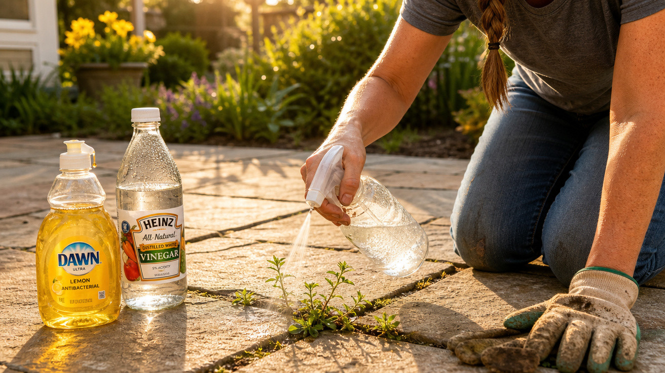Pessoa regando plantas daninhas que crescem entre pedras de calçada com spray e produtos de limpeza ao lado.