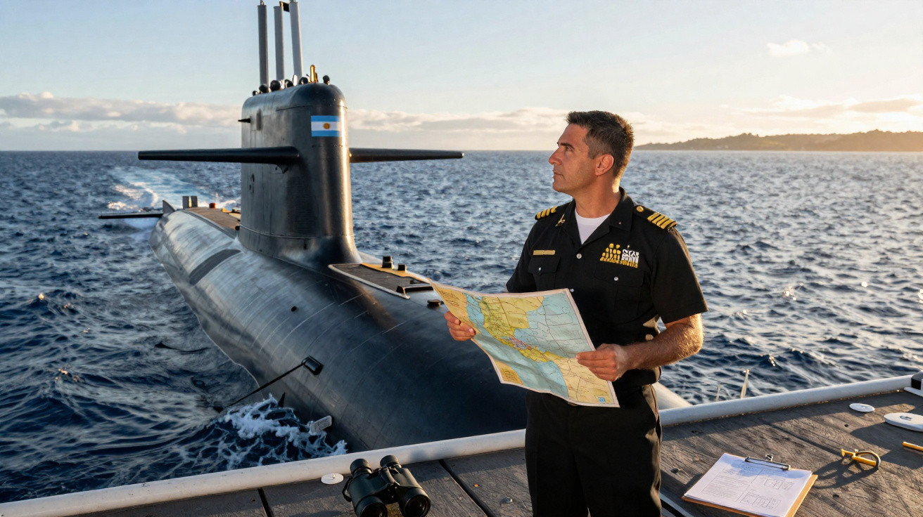 Oficial da marinha com mapa ao lado de submarino ancorado no mar durante o pôr do sol.
