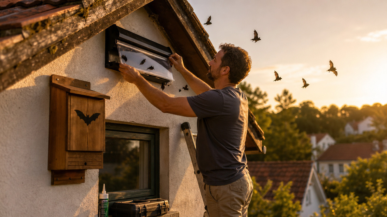 Homem instalando caixa para morcegos na parede externa de casa ao entardecer com morcegos voando.