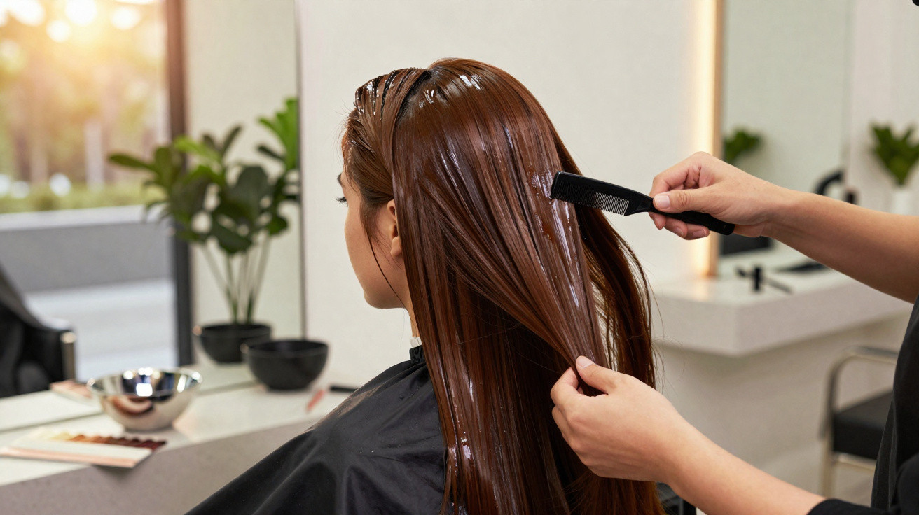 Pessoa com cabelo longo e molhado recebendo tratamento capilar em salão de beleza.