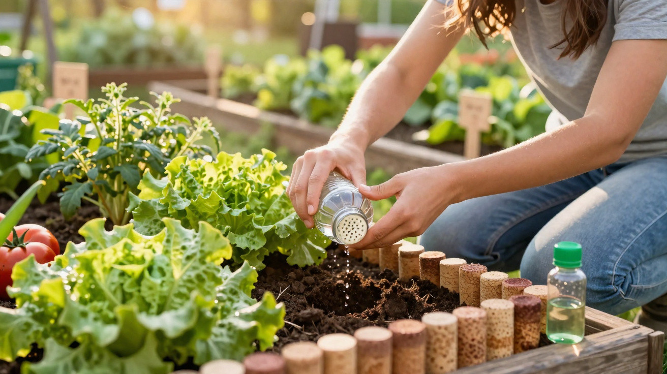 Pessoa aplicando fertilizante em canteiro com hortaliças e tomates em horta caseira ensolarada.