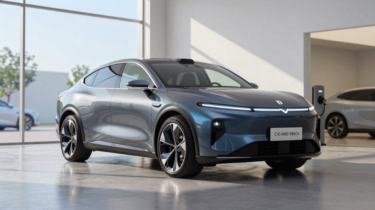 Carro elétrico cinza estacionado em ambiente interno moderno com luz natural e carregador ao fundo.