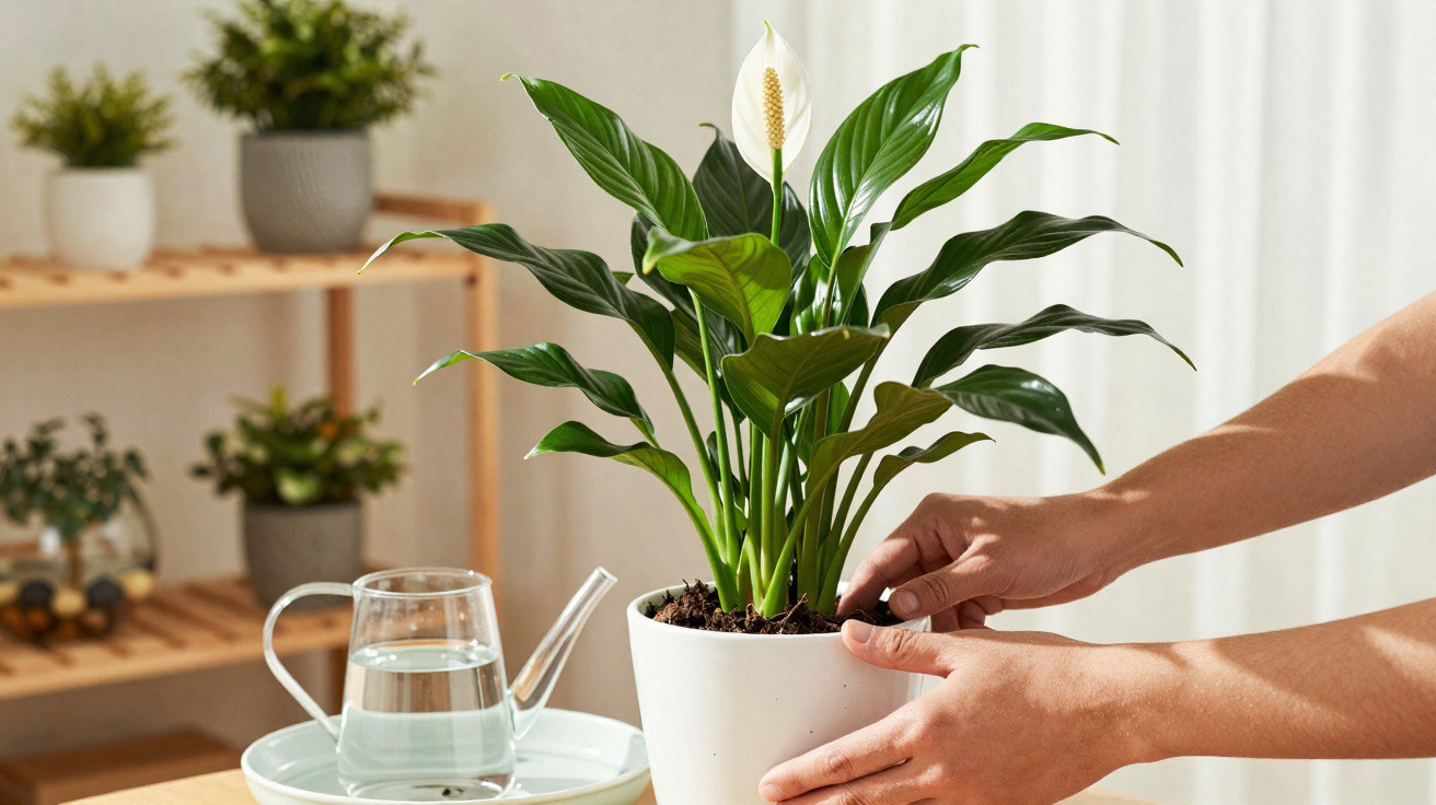Mãos cuidando de planta com flor branca em vaso branco sobre mesa em ambiente iluminado e aconchegante.