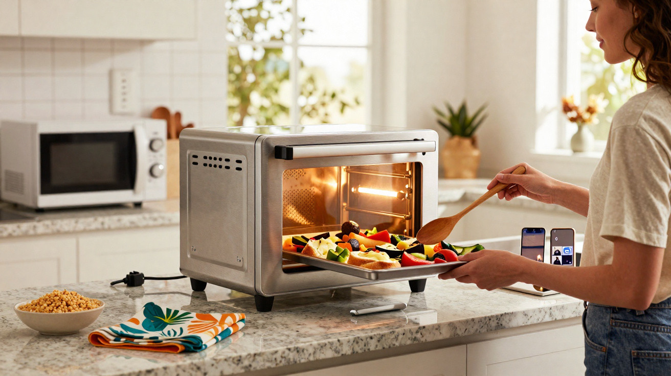 Mulher colocando assadeira com legumes coloridos em forno elétrico em cozinha clara.