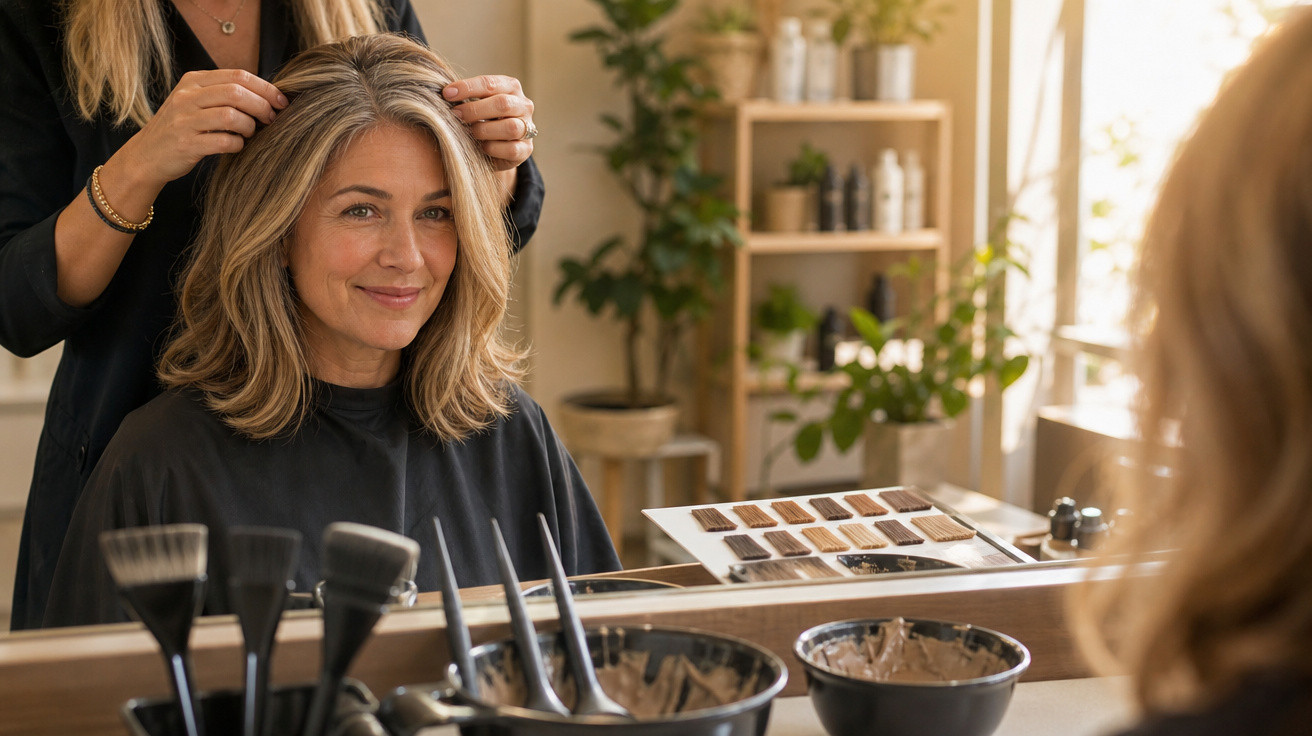 Mulher sorrindo no salão de beleza enquanto cabeleireira aplica coloração em seu cabelo.