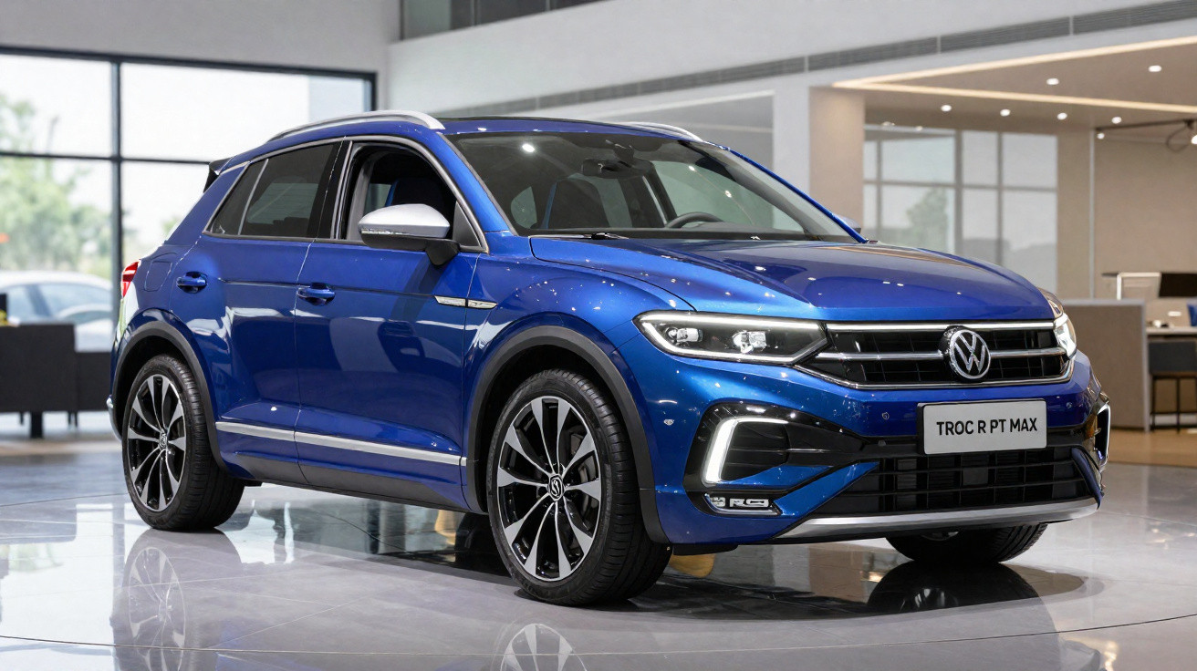 Carro SUV Volkswagen T-Roc R PT Max azul em showroom moderno com luz natural.