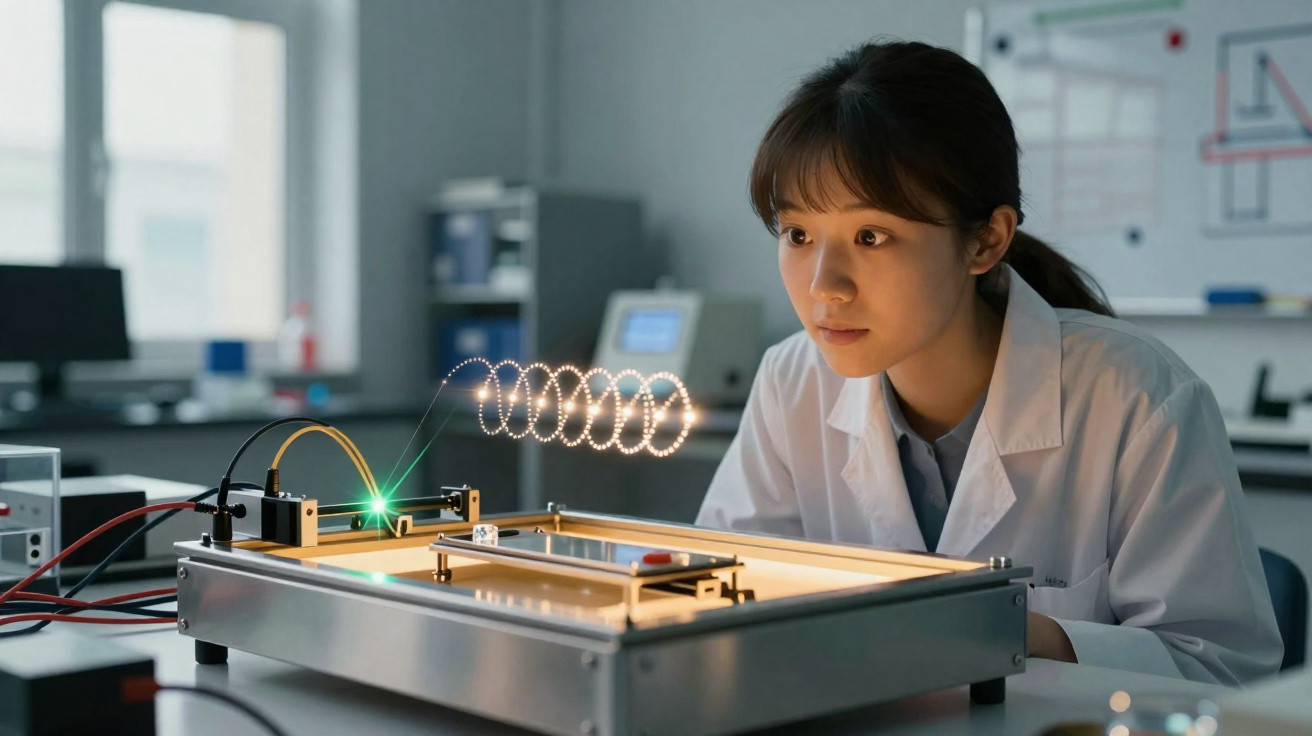 Mulher cientista observa experimento com laser e espiral luminosa em laboratório moderno.