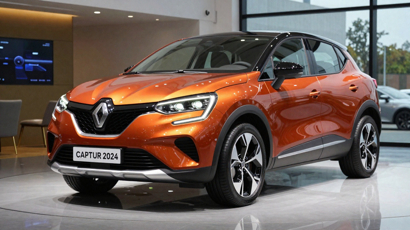 Carro Renault Captur 2024 laranja exibido em showroom moderno e iluminado.