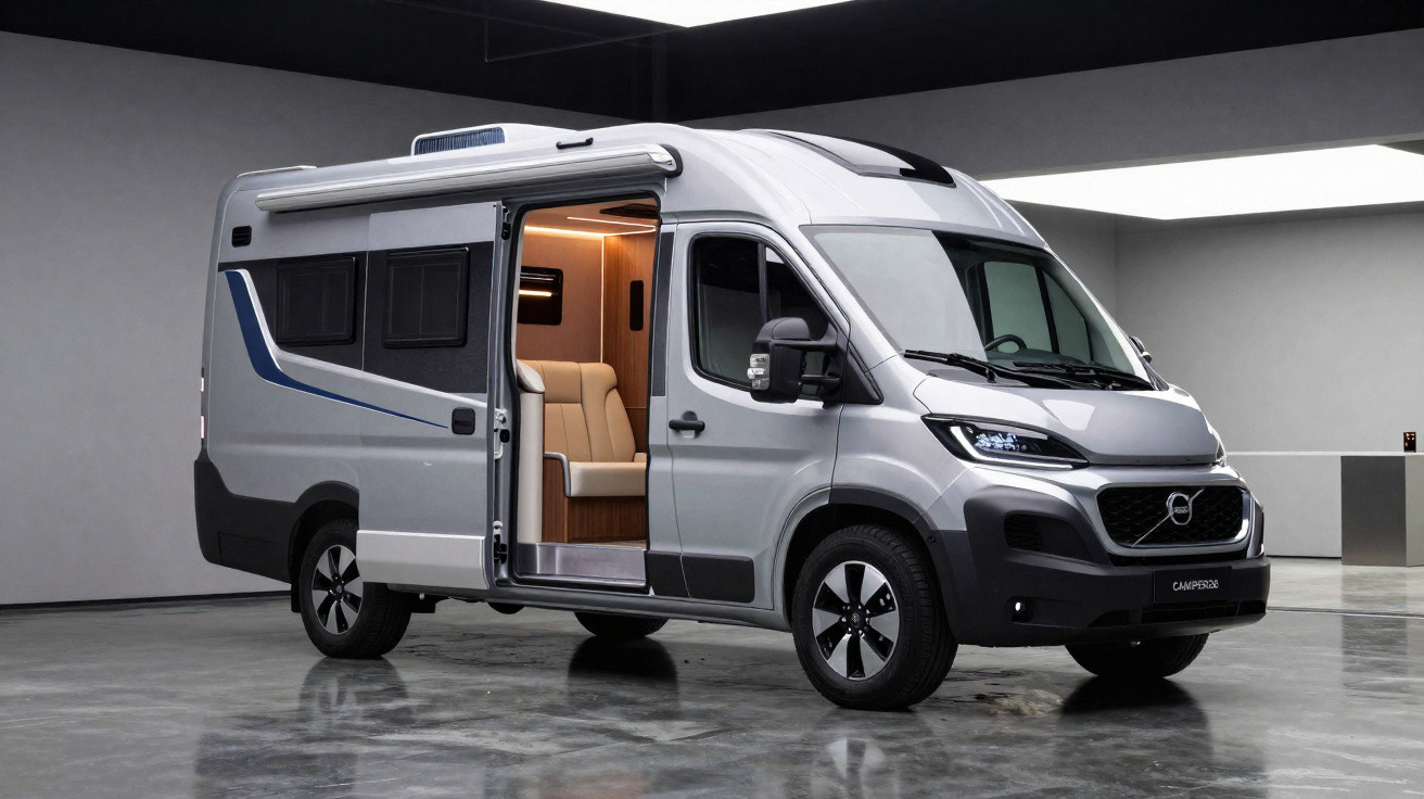 Van camper cinza com porta lateral aberta e interior visível em garagem moderna.