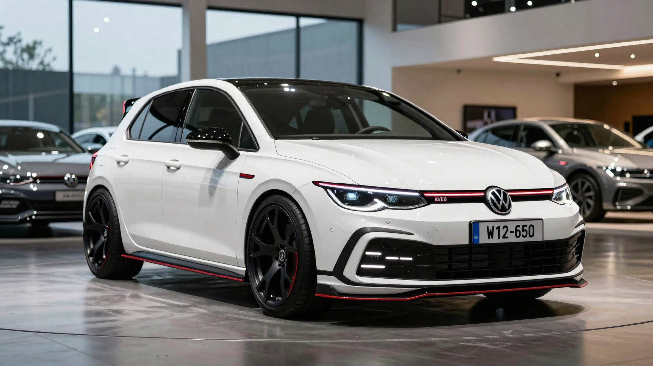 Carro esportivo branco Volkswagen GTI estacionado em showroom moderno com piso de concreto.
