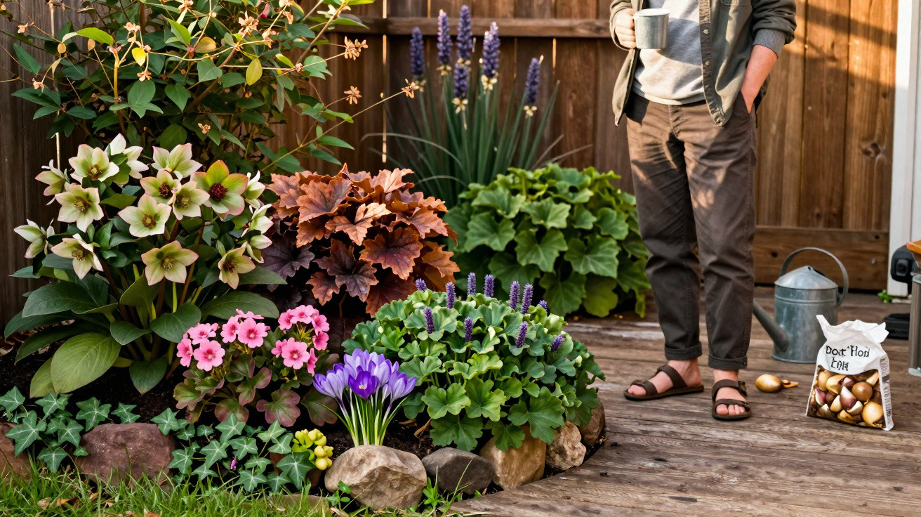 Jardim com flores coloridas e homem segurando caneca em deck de madeira próximo a regador e saco de bulbos.