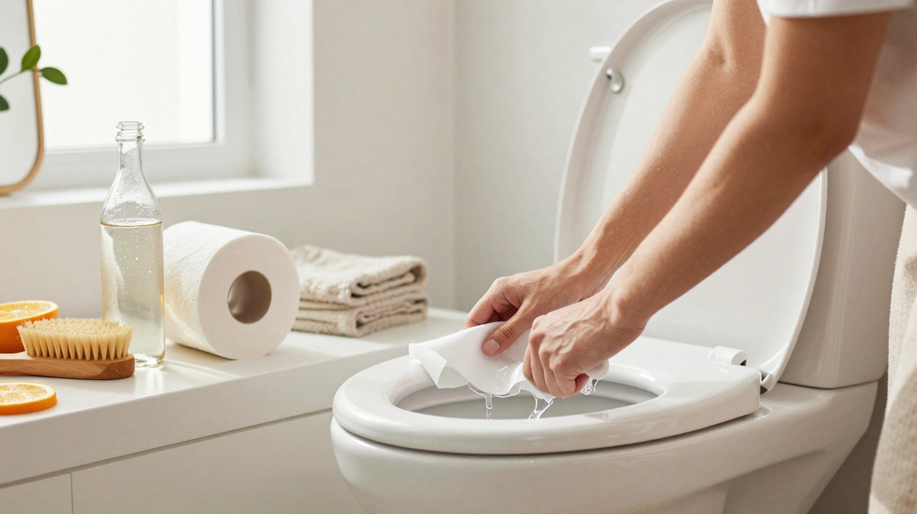 Pessoa despejando líquido com papel no vaso sanitário branco em banheiro com toalhas e produtos de limpeza.
