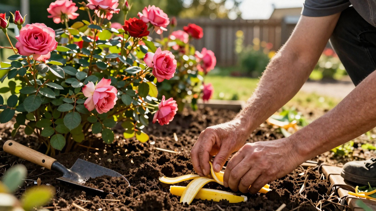 Mãos plantando cascas de banana no solo próximo a um canteiro com rosas vermelhas e rosas cor-de-rosa.