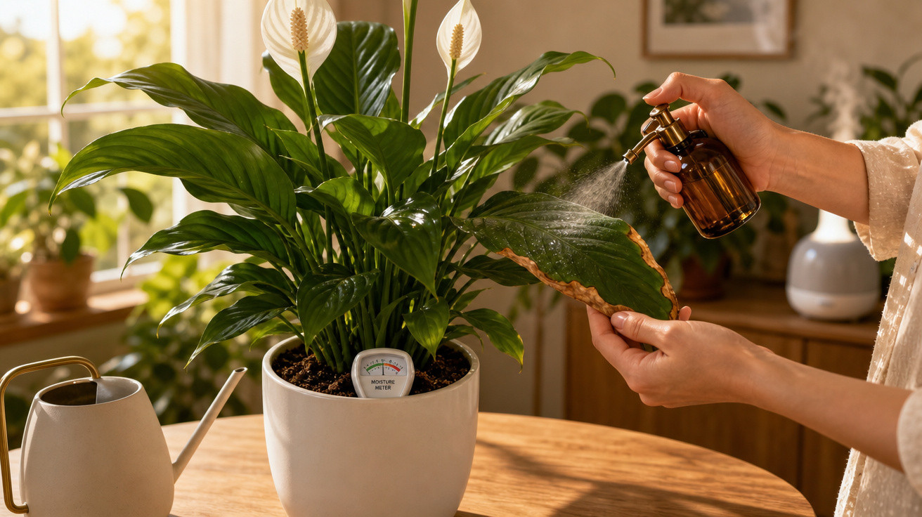 Pessoa borrifando água em folha verde de planta em vaso branco dentro de casa, com regador ao lado.