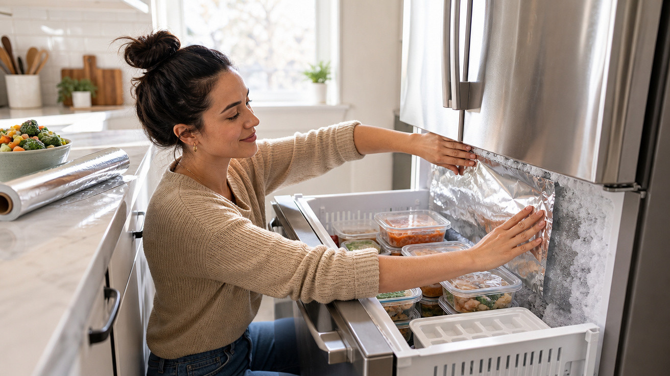 Mulher organizando potes na gaveta do freezer de uma geladeira moderna na cozinha.