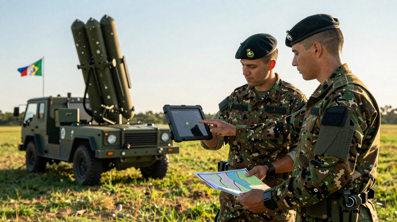Dois militares brasileiros em uniformes camuflados analisam mapa e tablet em campo ao lado de veículo militar com lançadores.