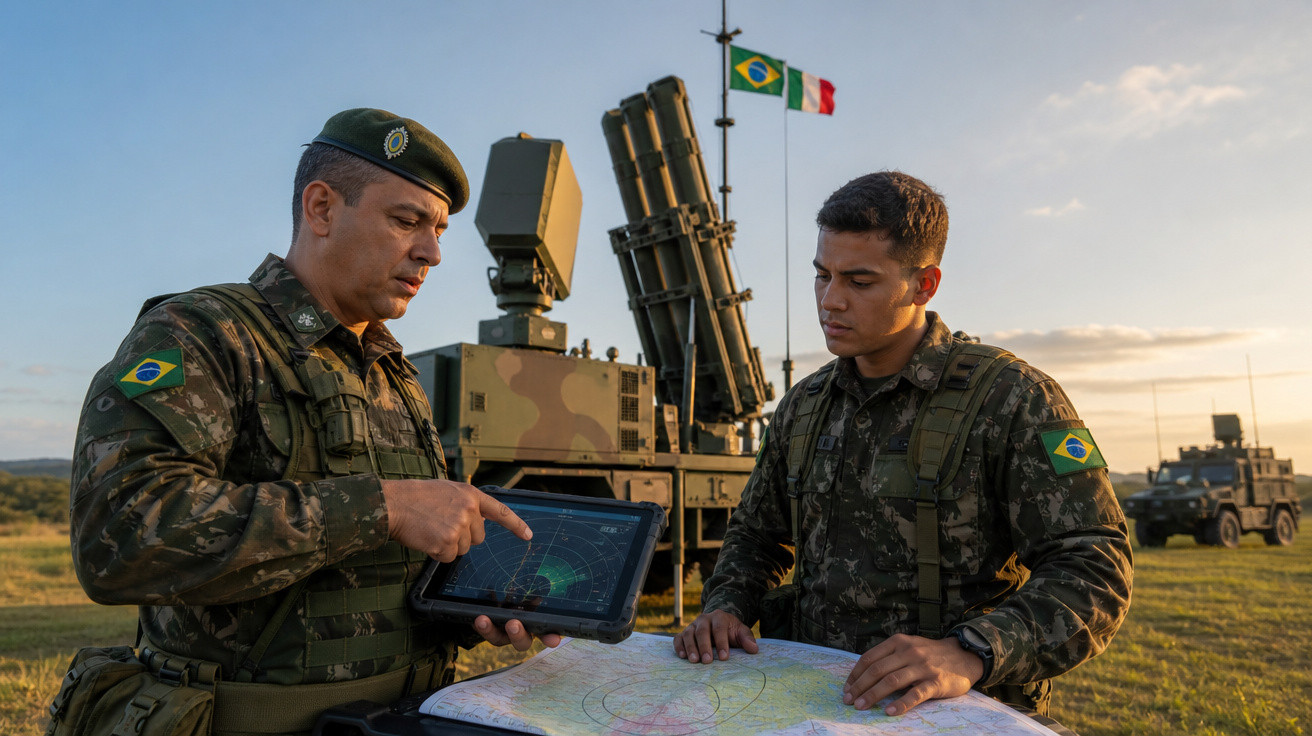 Dois soldados brasileiros analisam mapa e tablet em campo militar com equipamento bélico ao fundo.