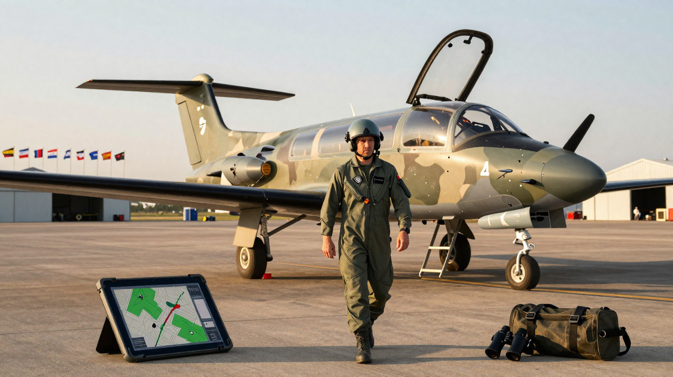 Piloto militar com uniforme verde camuflado caminha na pista ao lado de avião de treinamento verde e objetos de navegação.