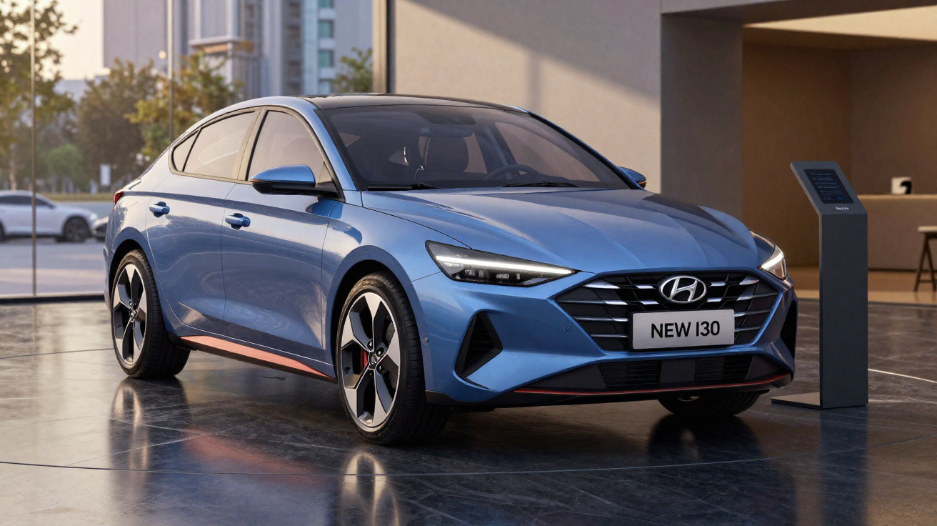 Carro Hyundai New i30 azul em exposição interna com acabamento moderno e iluminação natural.