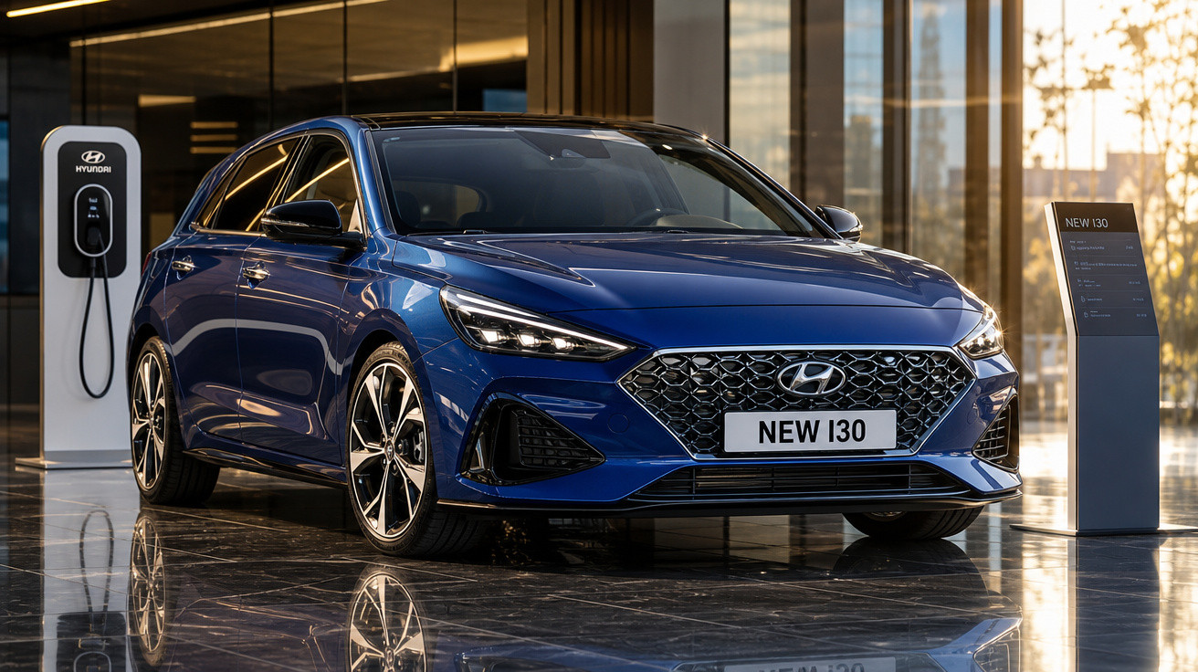Carro azul Hyundai New i30 estacionado em showroom moderno com estação de recarga elétrica.