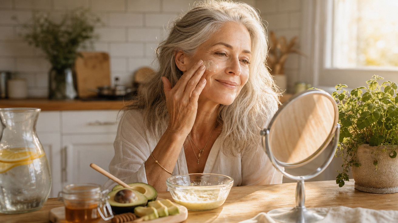 Mulher madura sorrindo ao cuidar da pele, sentada à mesa com ingredientes naturais e espelho.
