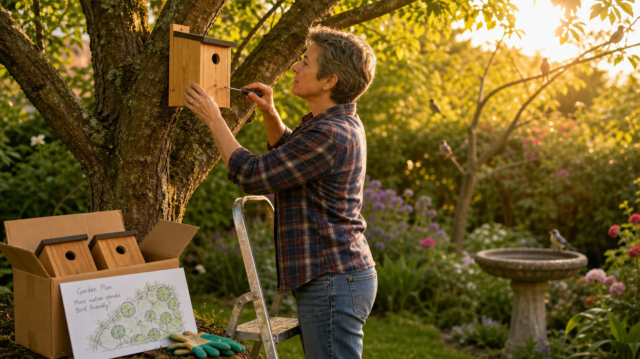 Mulher montando casa de passarinho em árvore no jardim ao entardecer, com plantas e caixa ao lado.