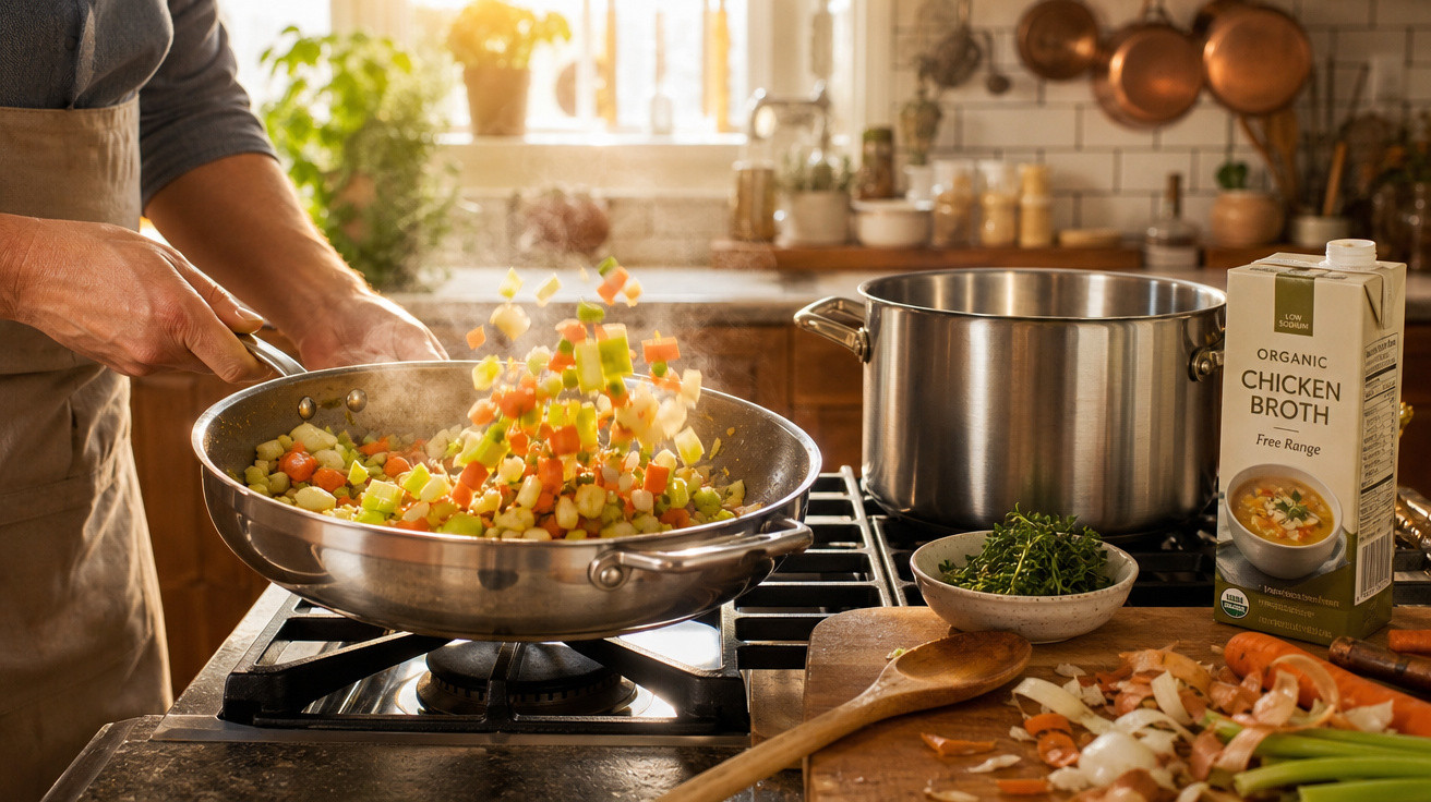 Pessoa cozinhando legumes em frigideira em fogão, com caldo de galinha e ingredientes frescos na bancada.