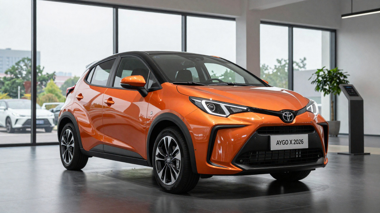 Carro Toyota Aygo X 2026 laranja em exposição interna com grandes janelas ao fundo.