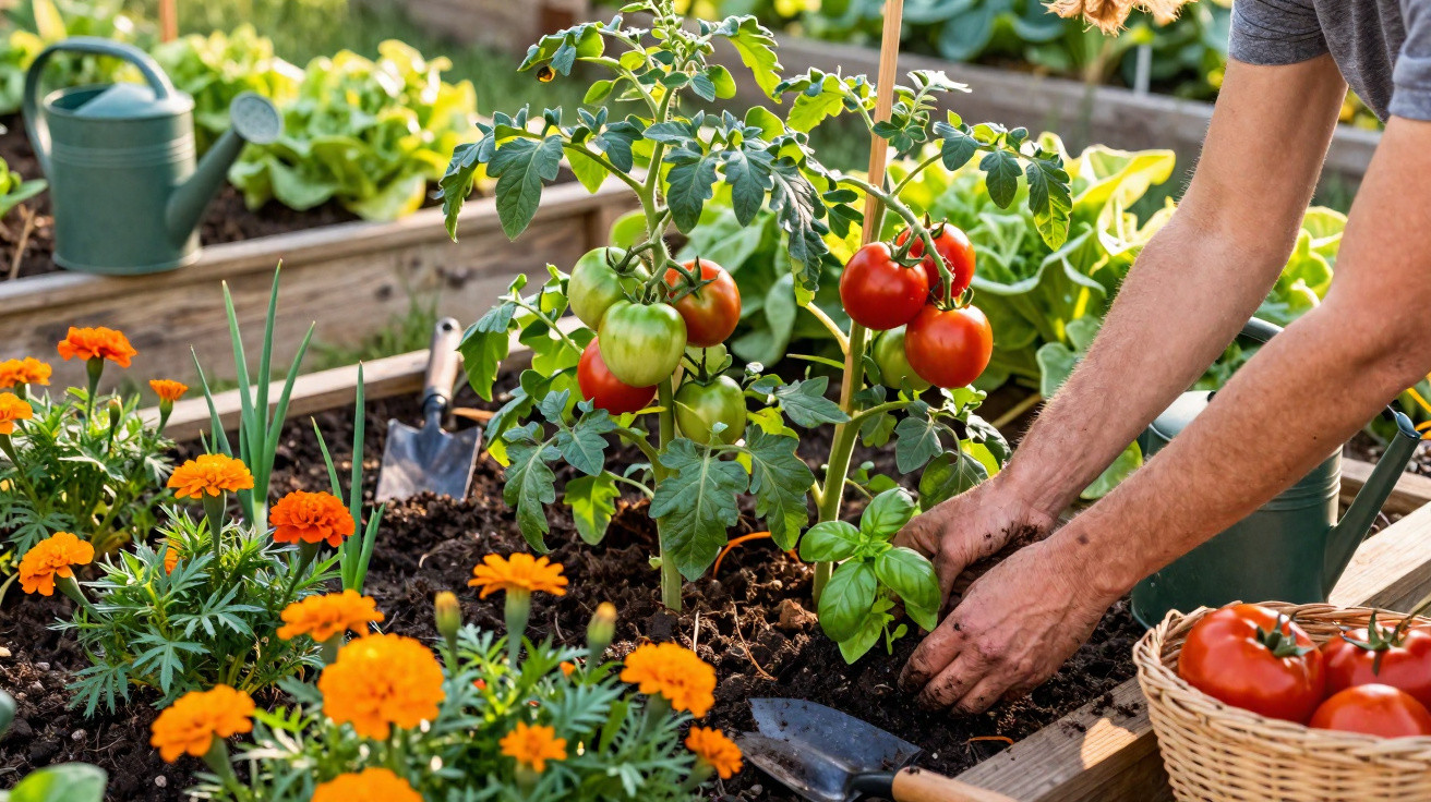 Pessoa cuidando de planta de tomate em canteiro com flores laranja e regador verde ao fundo.