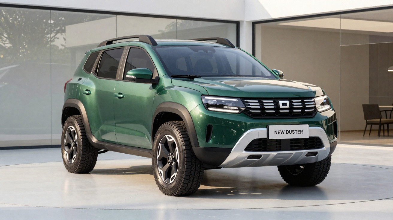 SUV verde New Duster estacionado em área coberta com fachada de vidro ao fundo.