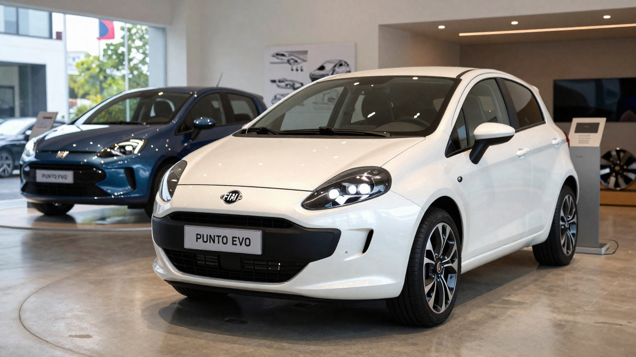Carros Fiat Punto Evo branco e azul expostos em showroom moderno com piso de concreto polido.