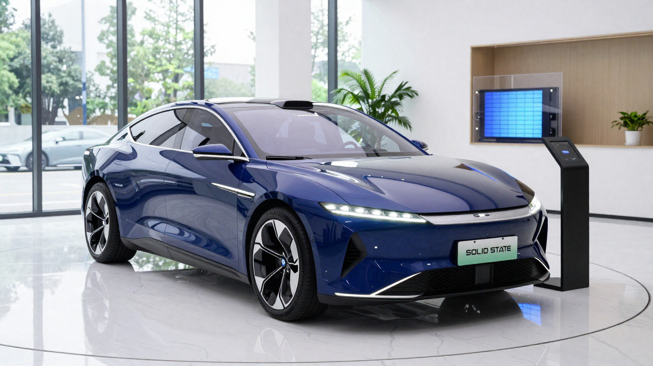Carro elétrico azul brilhante em exposição moderna com chão branco e grandes janelas ao fundo.