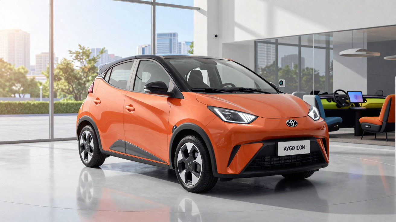 Carro Toyota Aygo Icon laranja estacionado em ambiente interno moderno com janelas amplas.