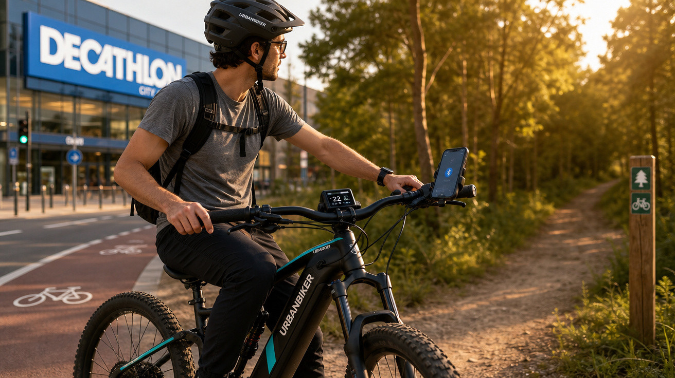 Homem de capacete em bicicleta elétrica olha caminho de terra ao lado de loja Decathlon ao entardecer.