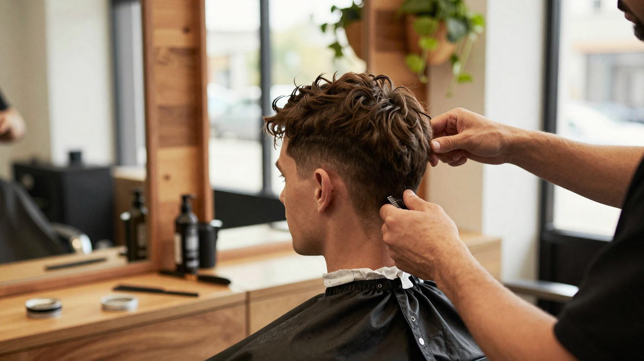 Homem tendo cabelo cortado por barbeiro em salão moderno com paredes de madeira.