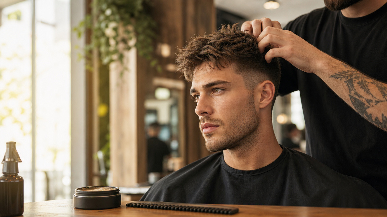Homem jovem recebendo corte de cabelo em barbearia moderna com decoração rústica e luz natural.