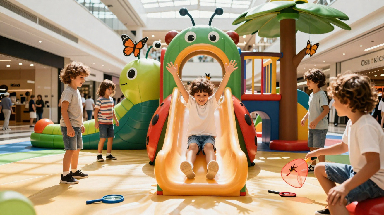 Crianças brincando em playground colorido com escorregador em formato de joaninha em shopping.