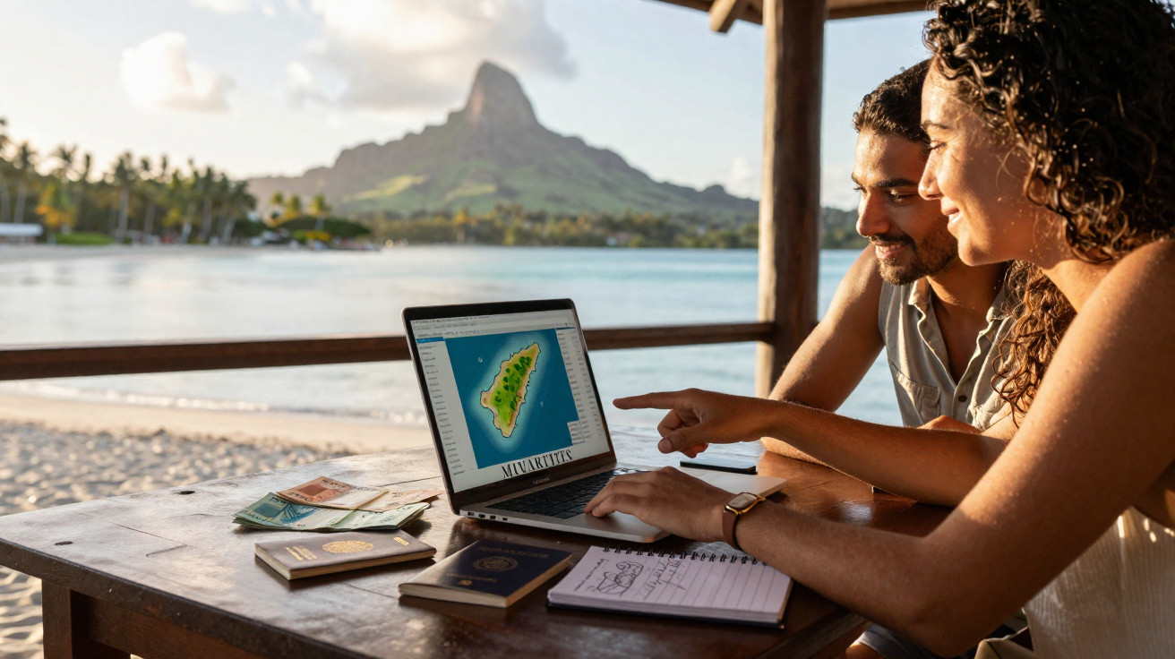 Casal olhando mapa de ilhas em laptop na praia com passaportes e caderno sobre a mesa de madeira.