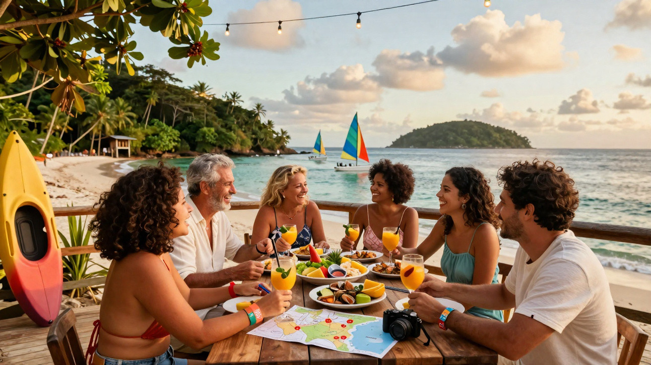 Grupo de amigos sorrindo e brindando com drinks em restaurante à beira-mar em praia ensolarada.