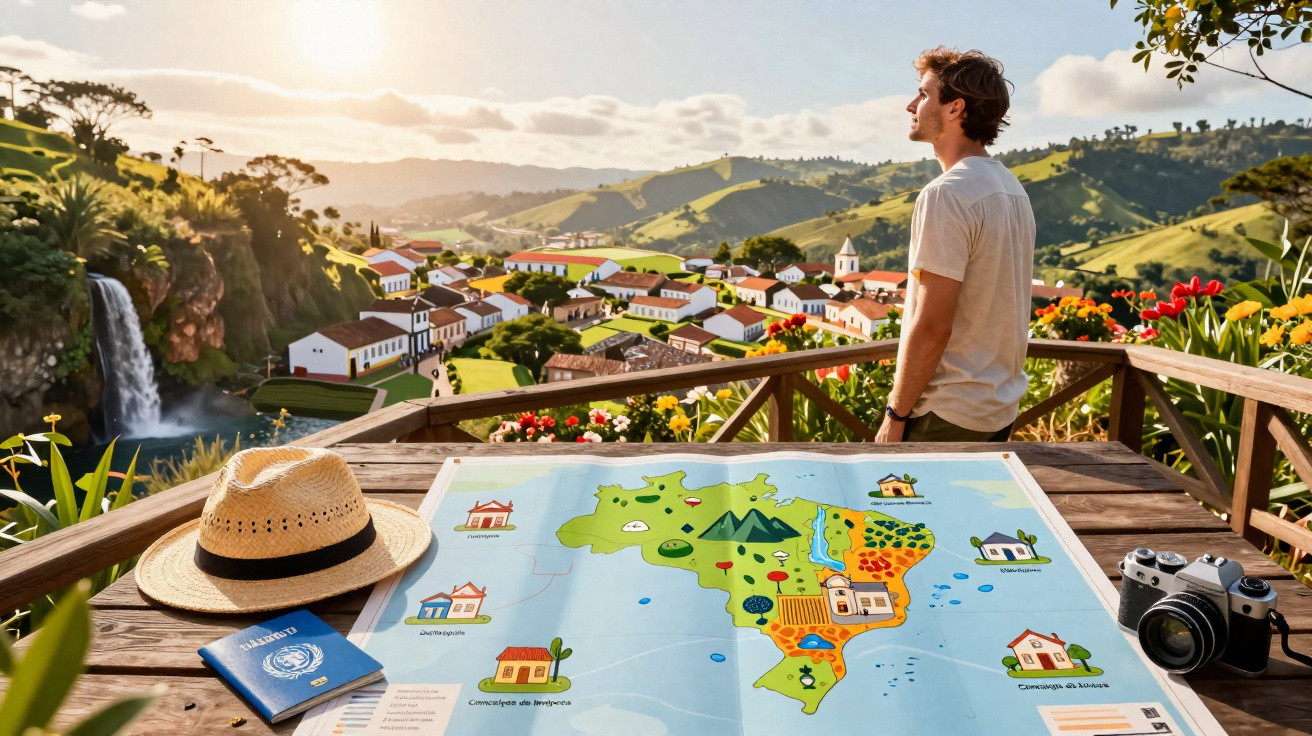 Homem observando vila colonial ao pôr do sol, com mapa do Brasil e câmera sobre mesa de madeira.