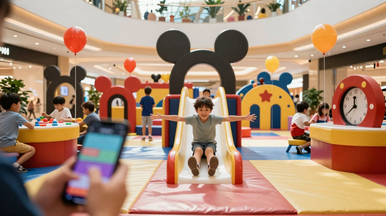 Criança sorrindo descendo escorregador em área de recreação infantil colorida em shopping.