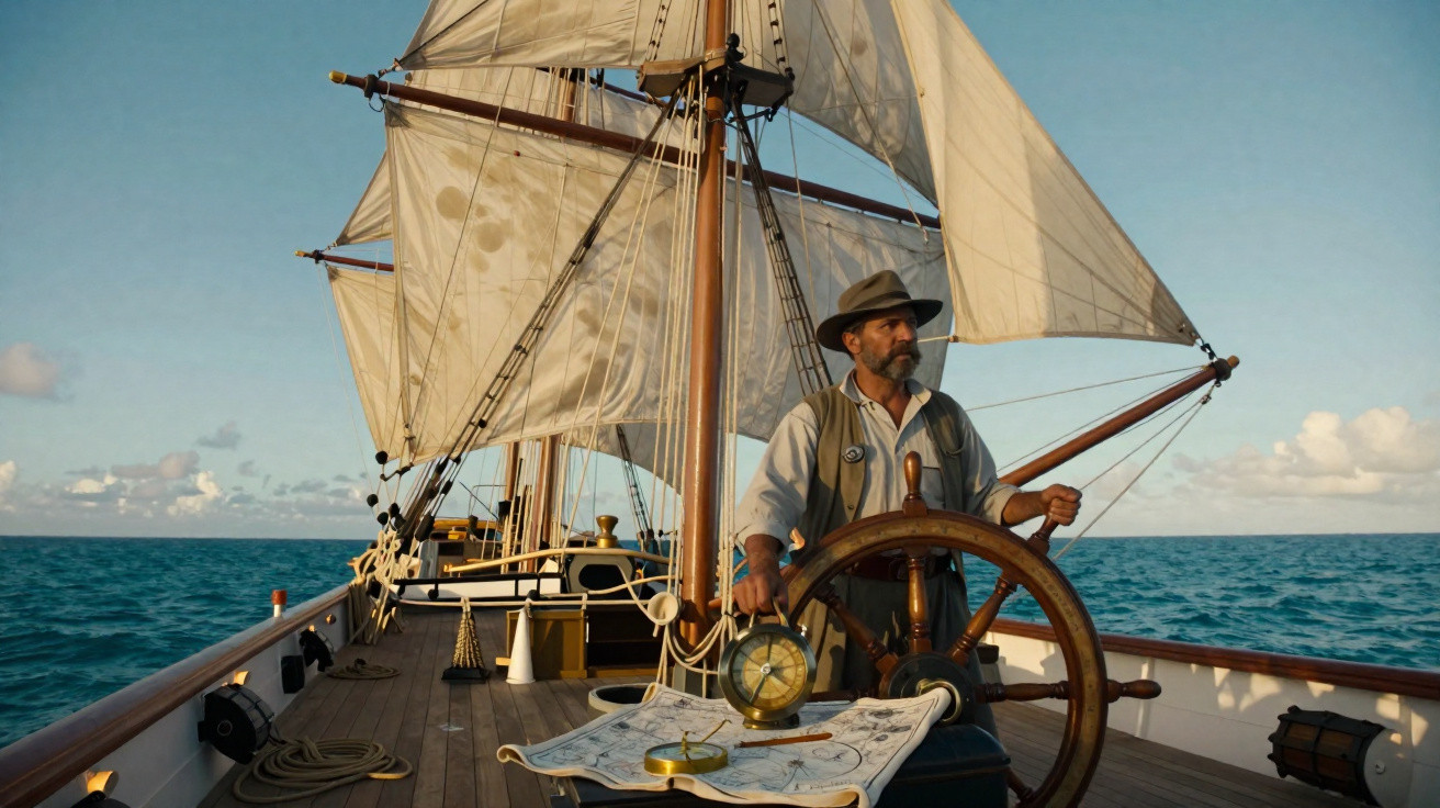 Homem velejador com chapéu pilotando um barco de madeira com velas ao vento no mar calmo.