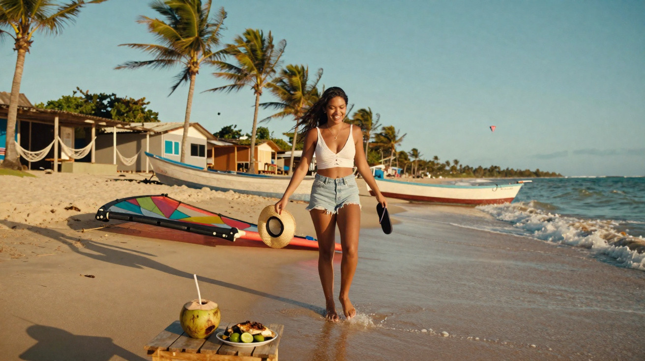 Mulher caminhando descalça na praia ao pôr do sol, com coqueiro, barco e frutas na areia.